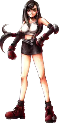 A dark-haired light-skinned woman facing the viewer wearing dark red boots, brown mini-skirt, a white shirt with the midriff bared, dark red gloves and armor on her left elbow. Her long hair is curved to her right and is forked at the end.