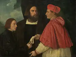 Girolamo and cardinal Marco Corner investing Marco, abbot of Carrara, with his benefice, Titian, c. 1520