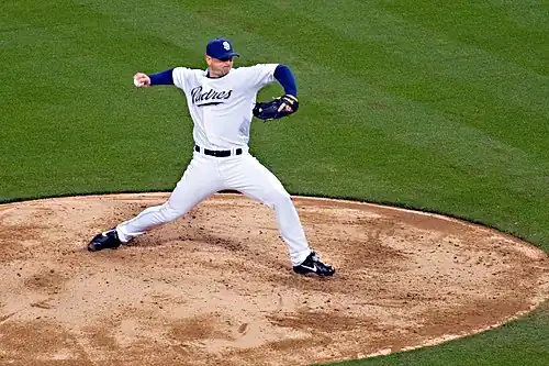 Trevor Hoffman pitching in relief for the San Diego Padres closing out a game against the Chicago Cubs at Petco Park on June 4, 2008.
