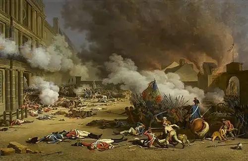The storming of the Tuileries Palace 1792. Swiss Guards in red coats.