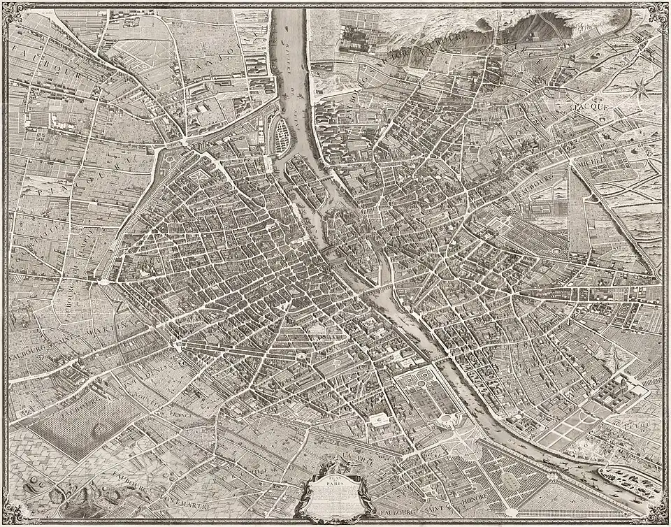 Image 15 Turgot map of Paris Map credit: Louis Bretez and Claude Lucas The Turgot map of Paris is a highly accurate and detailed map of the city of Paris, France, as it existed in the 1730s. It was published in 1739 as an atlas of twenty non-overlapping sectional bird's-eye-view maps, each approximately 50 cm × 80 cm (20 in × 31 in), in isometric perspective toward the southeast, as well as one simplified overview map with a four-by-five grid showing the layout of the twenty sectional maps. It has been described as "the first all-comprising graphical inventory of the capital, down to the last orchard and tree, detailing every house and naming even the most modest cul-de-sac". The complete map is shown here in its assembled form. Other sheets: '"`UNIQ--templatestyles-00000023-QINU`"' * Complete map * 1 * 2 * 3 * 4 * 5 * 6 * 7 * 8 * 9 * 10 * 11 * 12 * 13 * 14 * 15 * 16 * 17 * 18–19 * 20 More selected pictures