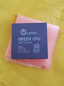 A UMC Green CPU, U5SD 486 33Mhz. 1993. Note the Microsoft Windows compatible logo, corresponding to Windows prior to Windows 95 (Windows 3.11 as year 1993 printed on top).
