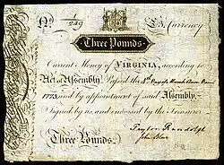 Virginia colonial currency, 3 pounds sterling, 1773 (obverse)