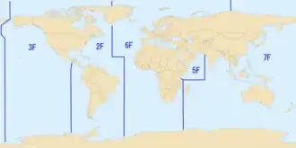 Mercator projection map depicting the areas of responsibility of the various numbered fleets of the United States Navy, as of 2007