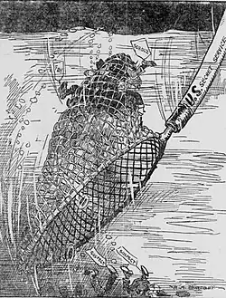Black and white cartoon of a net scooping up "spies" in the water