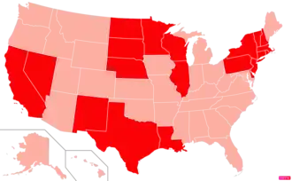States in the United States by Catholic population according to the Pew Research Center 2014 Religious Landscape Survey.[248] States with Catholic population greater than the United States as a whole are in full red.