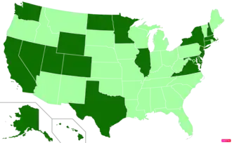 States in the United States by median nonfamily household income according to the U.S. Census Bureau American Community Survey 2013–2017 5-Year Estimates.[53] States with median nonfamily household incomes higher than the United States as a whole are in full green.
