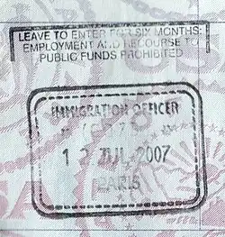 British entry stamp issued by the UK Border Force at Gare du Nord