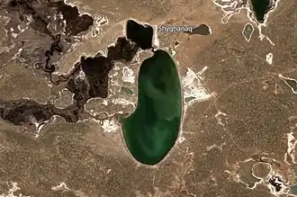 Shyganak village and lakes Ulken Kamkaly and Kishi Kamkaly Sentinel-2 image