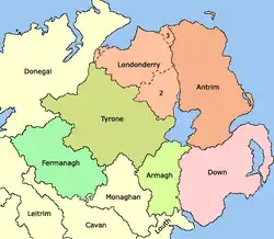 1613 – Ulster after the creation of County Londonderry, from the merger of County Coleraine, the North West Liberties of Londonderry (1), Loughinsholin (2), and North East Liberties of Coleraine (3).