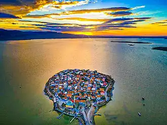 Aerial view of Gölyazı and Lake Uluabat