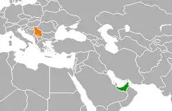 Map indicating locations of UAE and Serbia