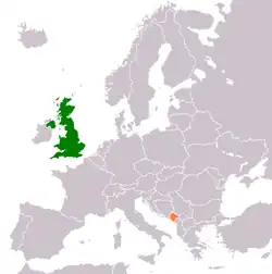 Map indicating locations of United Kingdom and Montenegro