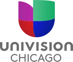 The Univision network logo, a 3D compilation of purple, red, green and blue elements that loosely form the letter U. Underneath are the words "Univision" and "Chicago" in two lines in a gray sans serif, with the name "Univision" in unicase.