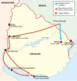 Uruguay with lines drawn down the western and southwestern side of the country, a short arrow in the northeast, and another line bisecting the country from east to west