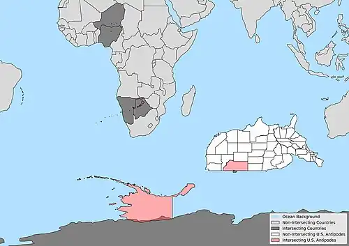 Map of US States/Territory antipodes, highlighting those that overlap another land mass.