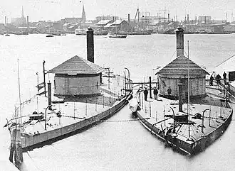 USS Shawnee and the USS Wassuc laid up at the Boston Navy Yard, circa 1871-72