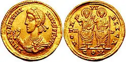 Solidus of Valentinian II with Theodosius I on the reverse, each holding a mappa