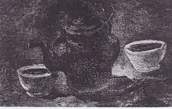 Still Life with Copper Coffeepot and Two White Bowls (b/w copy of painting), 1885, Private collection (F202)