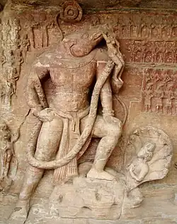 c. 400 CE Vishnu in his Varaha or man-boar avatar rescuing goddess earth. Udayagiri Caves. Reign of Chandragupta II.[140]