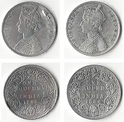 Two silver rupee coins issued by the British Raj in 1862 and 1886 respectively, the first in obverse showing a bust of Victoria, Queen, the second of Victoria, Empress. Victoria became Empress of India in 1876.