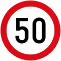 A circular white sign with a red border, with the number "50"