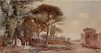 The gardens of the Villa and the Aurelian Walls in the early 1880s, in a painting of Ettore Roesler Franz