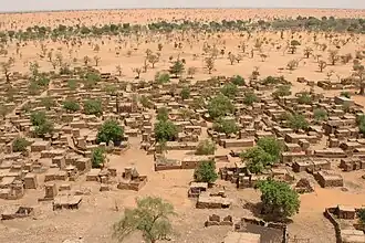 Environmental migration. Sparser rainfall leads to desertification that harms agriculture and can displace populations. Shown: Telly, Mali (2008).[272]