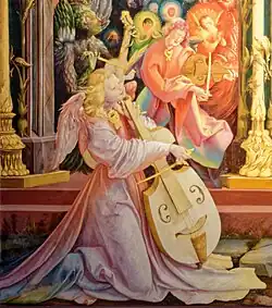 Viola da gambe and viola da braccio (viol of the leg and violin of the arm). Painting by Matthias Grünewald (1480–1528)