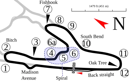 South Course, 1.650 mi (2.655 km) layout with 12 turns