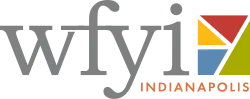 The lowercase letters "wfyi" in a gray serif next to four triangles, in blue, red, yellow, and green, that form a square. The word "Indianapolis" is in all uppercase in red in the lower right corner.