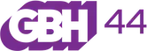 In purple, the letters "GBH" with drop shadows to the lower left and upper right, next to a smaller, thinner "44".