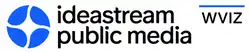 The Ideastream symbol, a circle divided into four pieces by a star shape, in blue. To the right, on two lines, the words "ideastream" and "public media" in black in a rounded sans serif. Next to that, in the upper right, black letters W V I Z with a blue line above them.