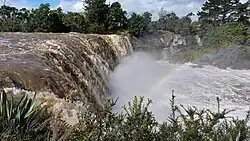 Wairua Falls after heavy rain in 2022 - viewed from the top of the falls.