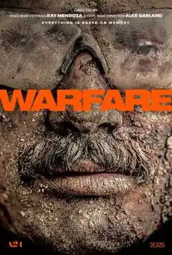 The face of man with a moustache and googles, his face is caked with mud. The title WARFARE in orange block letters is printed across the bridge of his nose.