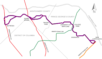 A scaled map illustrating the Purple Line route and its intersections with existing subway lines.