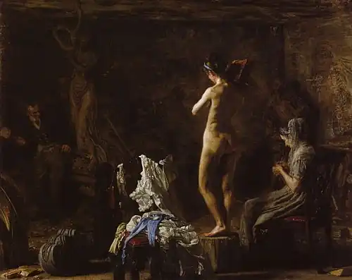 William Rush Carving his Allegorical Figure of the Schuylkill River by Thomas Eakins, 1876–77, oil on canvas (mounted on Masonite), 20 1/8 x 26 1/8&nbsp;inches (51.1 x 66.4&nbsp;cm), Philadelphia Museum of Art in Philadelphia