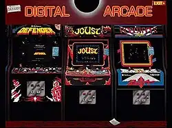 A horizontal rectangular video game screenshot that is a digital representation of an arcade room. Three arcade cabinets (Defender, Joust, and Robotron 2084) fill the room.
