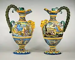 Nevers faience, Pair of wine jugs, c. 1685, depicting François Chauveau's Rape of Europa