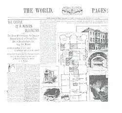 Newspaper illustration showing floor plan with various rooms and torture devices