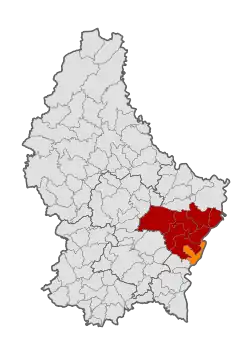 Map of Luxembourg with Wormeldange highlighted in orange, and the canton in dark red