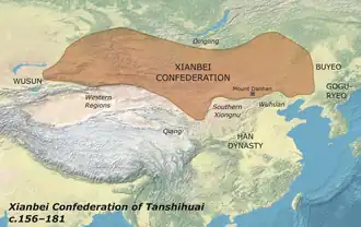 Territory of the Xianbei Confederation under Tanshihuai during the late 2nd century. It spanned from the Liao River in the east to the borders of the Wusun in the west. North of them were the Dingling people that resided south of Lake Baikal.[1][2][3]