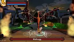 A child with a golden, winged hat is seen with lightning emanating around him as a large, orange dragon spreads it wings behind him.