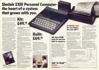 A two-page advertising spread showing the ZX81 with a 16 KB RAM pack and ZX Printer attached, next to the headline "Sinclair ZX81 Personal Computer – the heart of a system that grows with you"