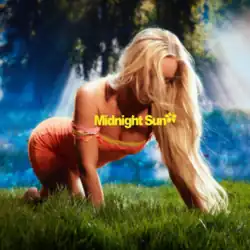 A blonde woman on all fours on grass in front of a brightly lit, forest-like background, wearing a short orange dress, with the yellow "Midnight Sun" logo in bold sans-serif font positioned at the center of the image.