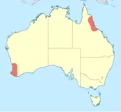 Map of Australia showing presence of Zephyrogomphus in the southwest and northeast