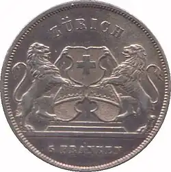 Legend above two rampant lions flanking three shields, one bearing the Swiss Cross. Denomination below.