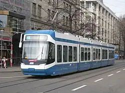 A Bombardier Cobra low-floor tram on typical VBZ street track