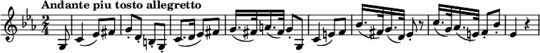 
\relative a { 
\key c \minor
\time 2/4 
\tempo "Andante piu tosto allegretto"
\tempo 4 = 60
\partial 8
g8
c4 (ees8) fis
g\staccato d\staccato b\staccato g\staccato
c8. (d16 ees8) fis
g16. (fis32) a16. (fis32)
g8\staccato g,8
c4 (e8) f
bes16. (fis32) g16. (d32) ees8\staccato r8
c'16. (g32) aes16. (e32) f8\staccato bes\staccato
ees,4 r4
}
