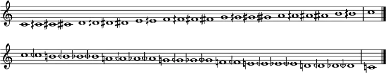 \relative c' {
\cadenzaOn \omit Staff.TimeSignature
\tempo 1 = 90 \set Score.tempoHideNote = ##t
c1 cih cis cisih d dih dis disih e eih f fih fis fisih g gih gis gisih a aih ais aisih b bih \bar "|" c \bar "|." \break
c1 ceh b beh bes beseh a aeh aes aeseh g geh ges geseh f feh e eeh ees eeseh d deh des deseh \bar "|" c \bar "|."
}